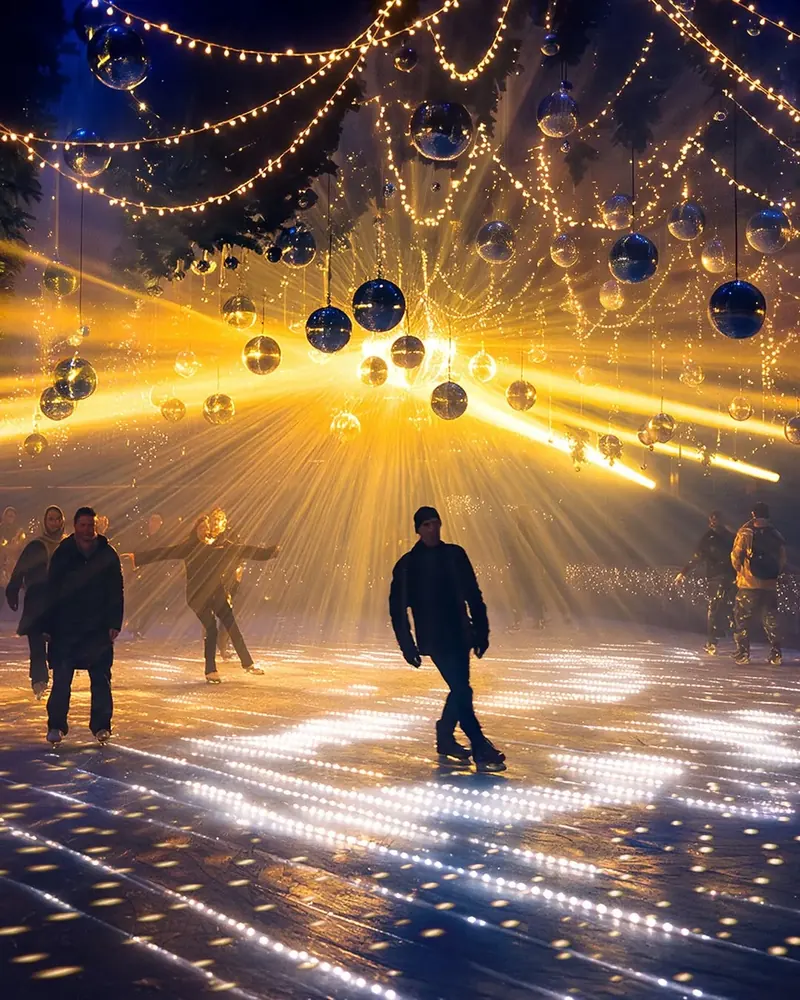 Skater on an ice rink under warm white string lights and mirror balls in a golden scene