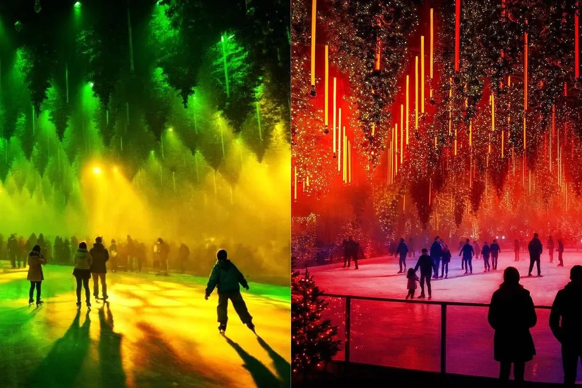 Ice rink under hanging Christmas trees in green and red event lighting