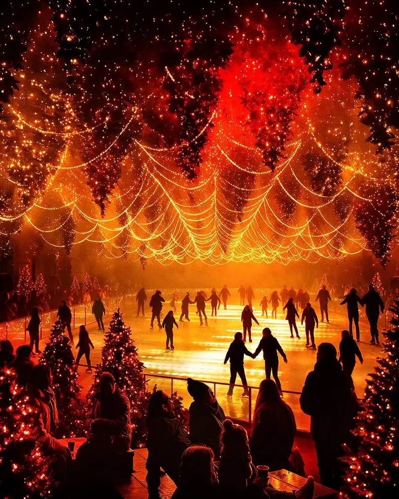 Ice rink under a canopy of hanging Christmas trees with string lights glowing orange