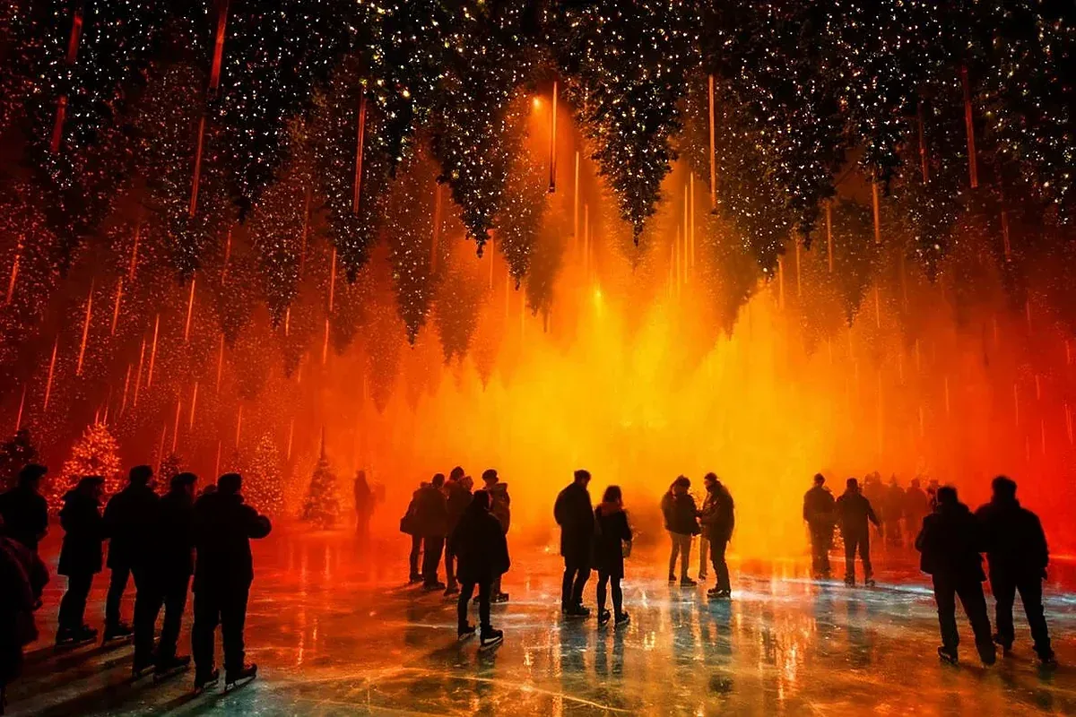 Skaters under hanging Christmas trees in red light at a winter event