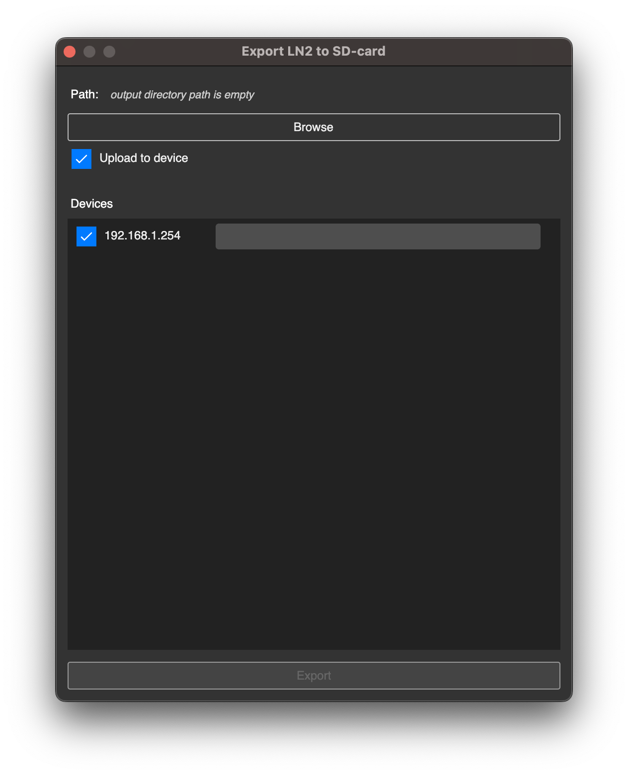 LSS4 SD card export process showing device configuration