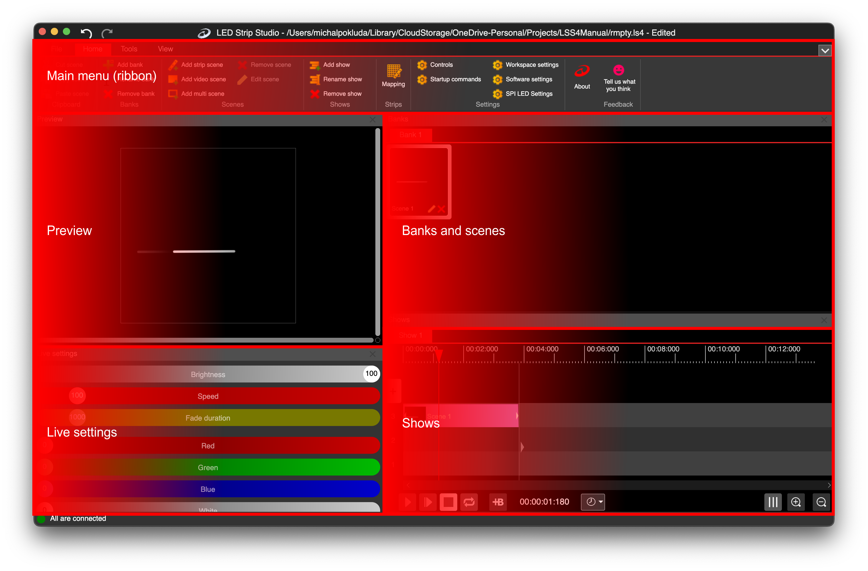 LSS4 main mapping window showing LED segment editor, strip list, and device controls