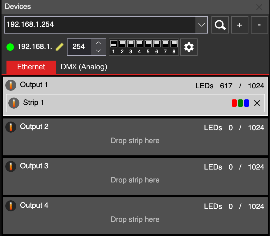 Strip 1 assigned to Output 1