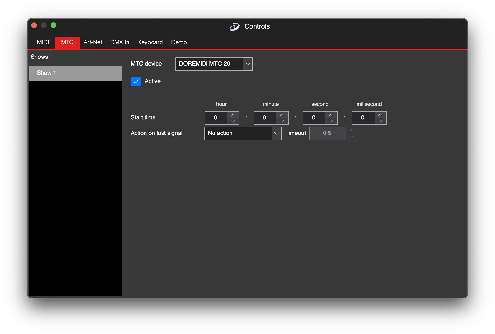 MIDI MTC synchronization settings in LSS4