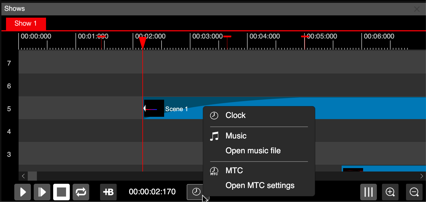 LSS4 synchronization source settings showing Clock, Music, and MIDI MTC options