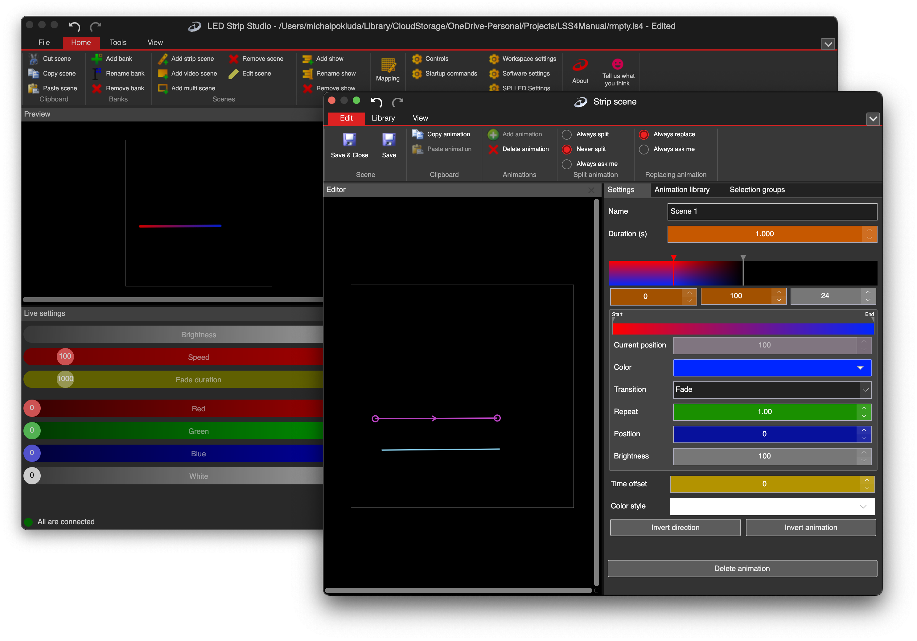 LSS4 animation editor showing keyframe and color palette controls