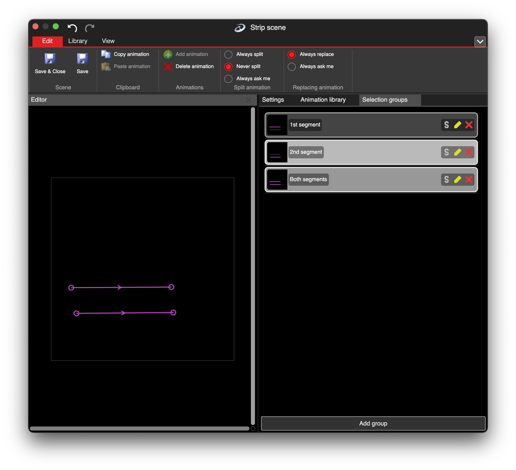 Selection groups in LSS4 strip scene for controlling multiple strips