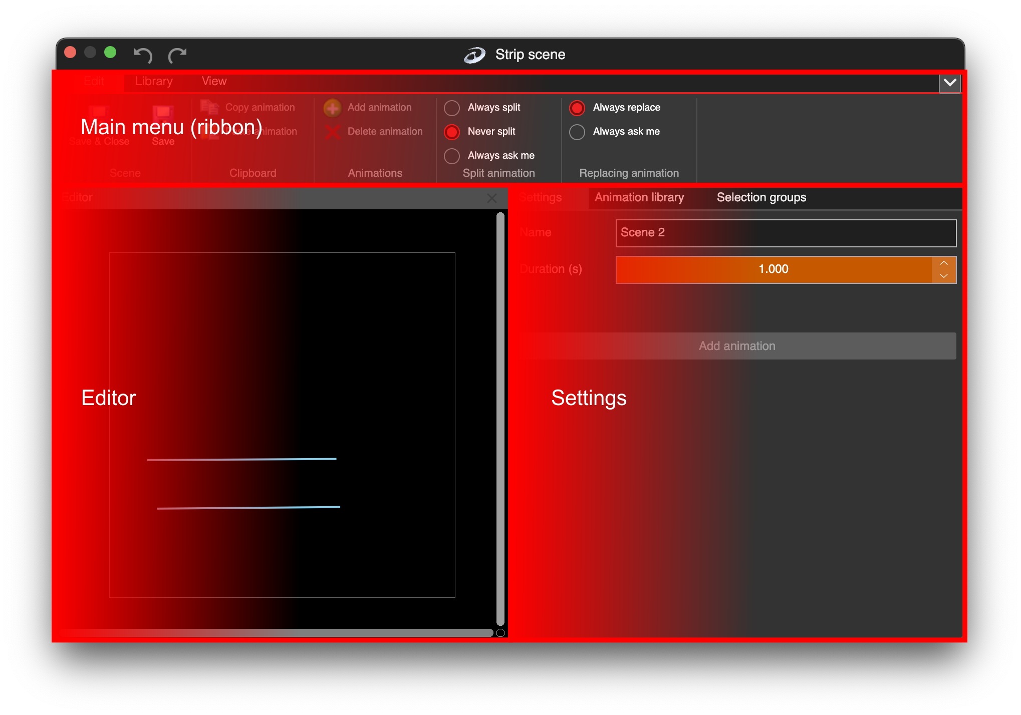 LSS4 strip scene window showing animation editor and strip segments