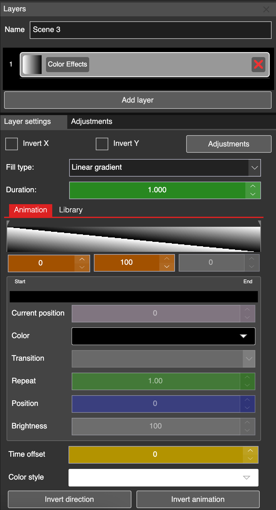 2D color effects in LSS4 video scene with gradient shapes