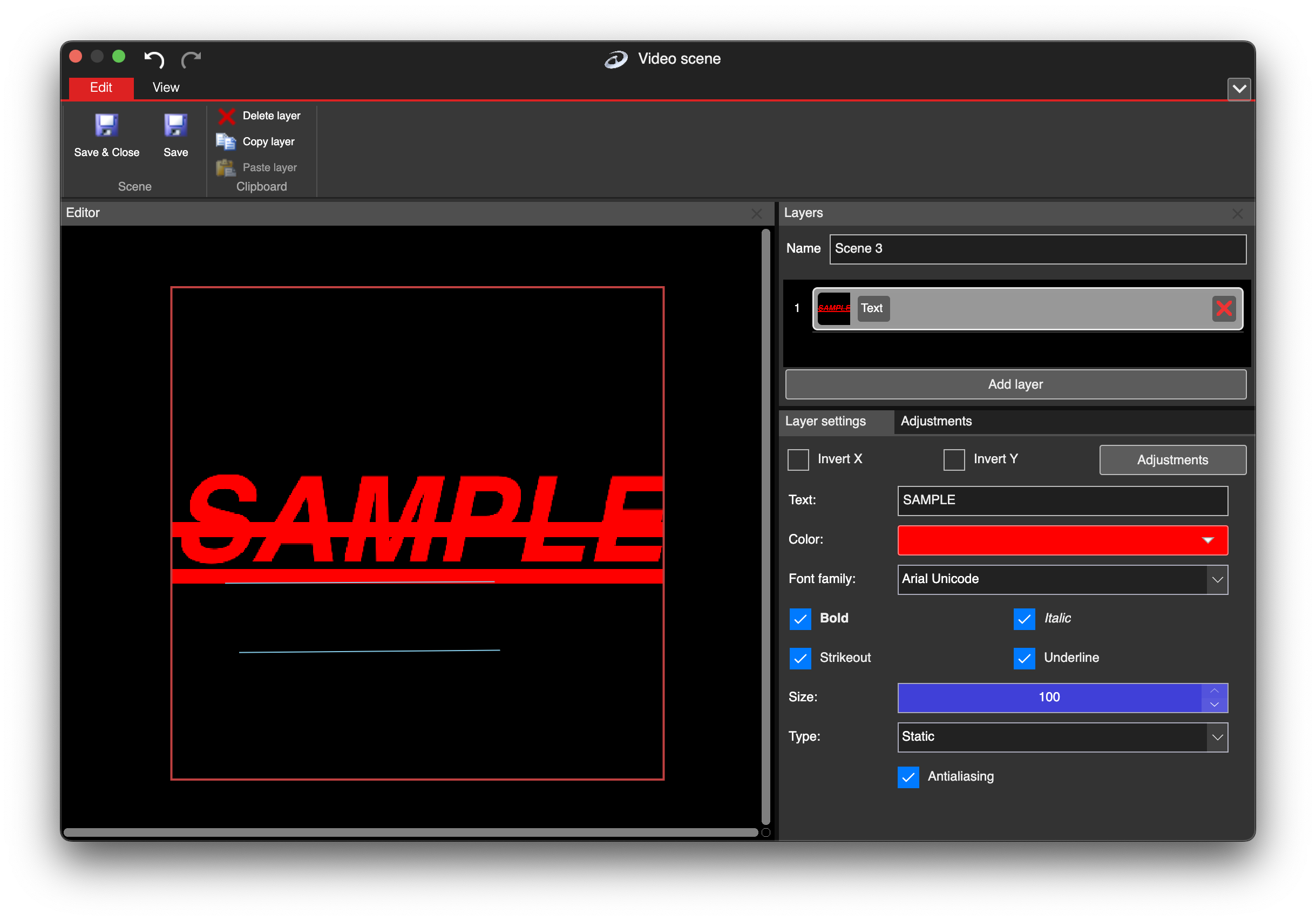 Text layer in LSS4 video scene