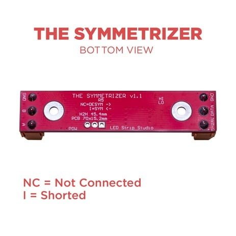 The Symmetrizer v1.1 bottom view with jumper legend: NC not connected, I shorted