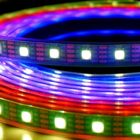 WS2815 LED strip lit with each pixel a different colour, showing individual addressing