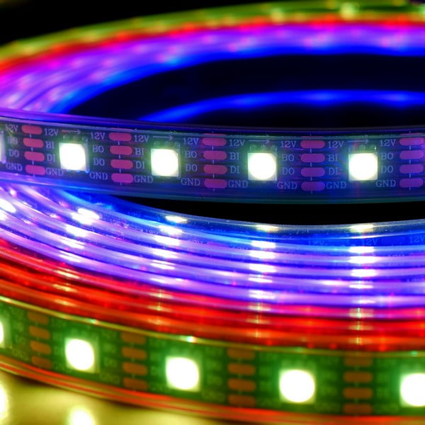 WS2815 LED strip lit with each pixel a different colour, showing individual addressing