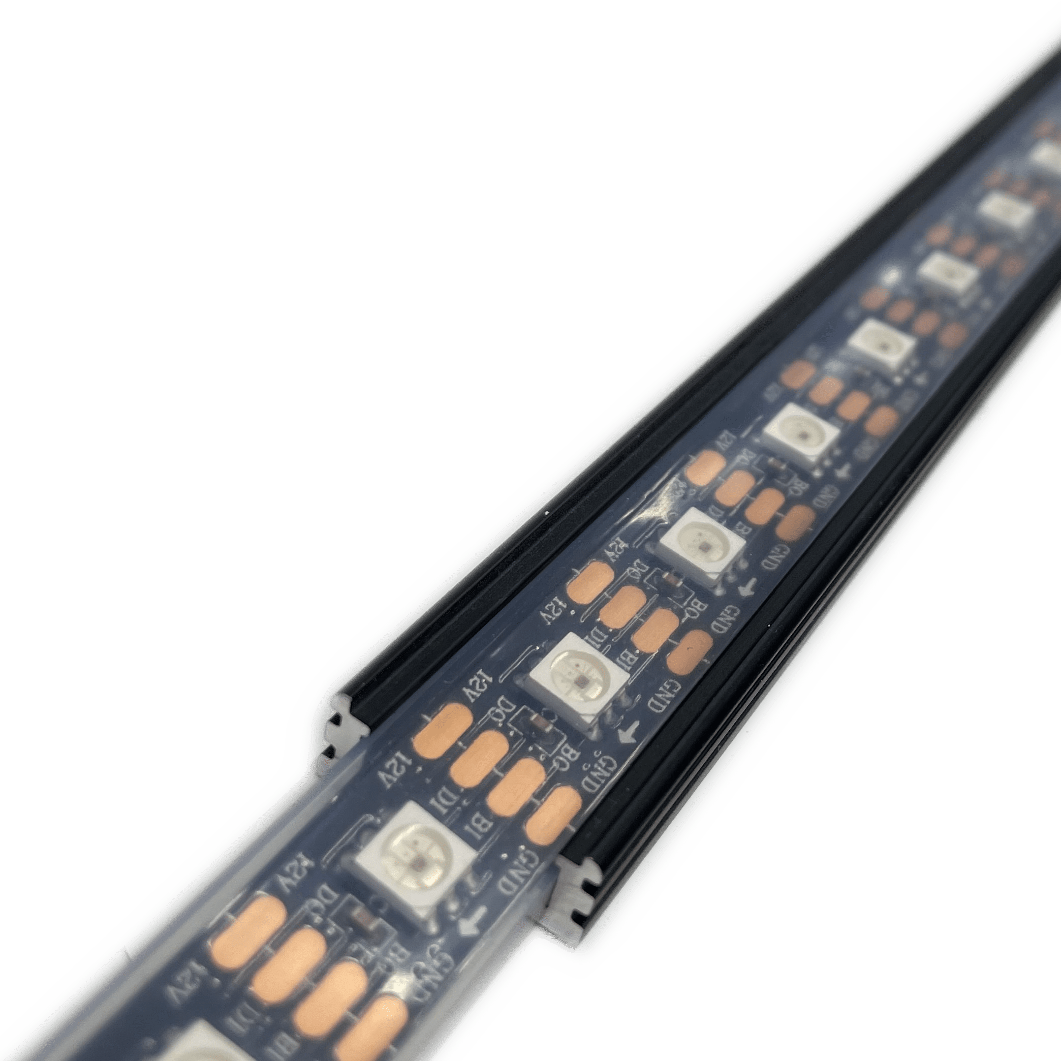 WS2815 12V pixel LED strip in a silicone sleeve inside a black aluminium profile
