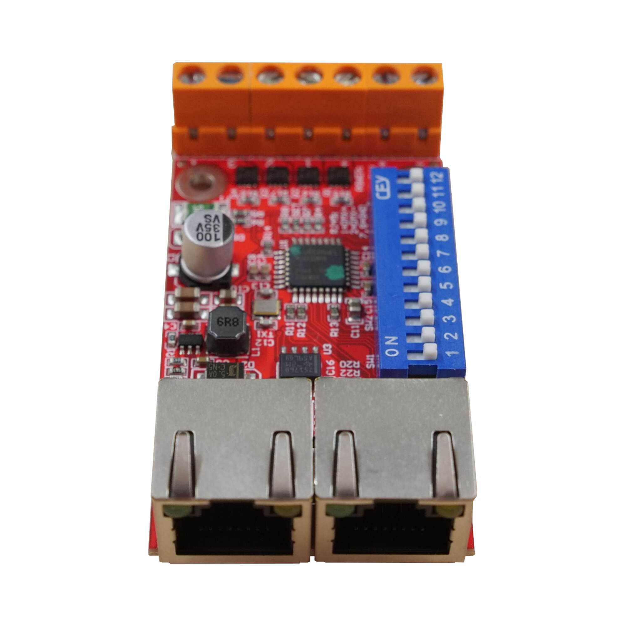 Lady Dimmer circuit board with terminal block, DMX address DIP switch and two RJ45 ports