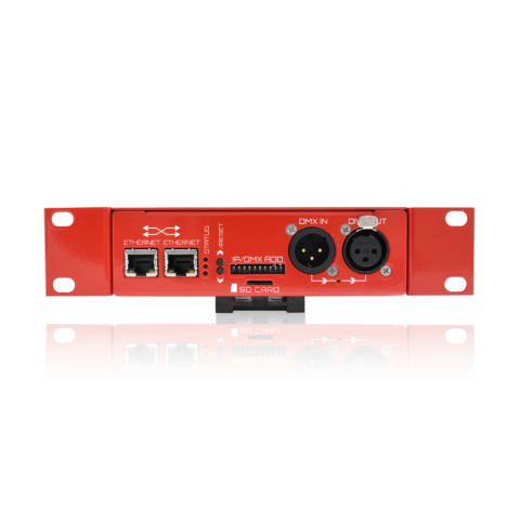 LEC 3 front panel with Ethernet ports, status LEDs, DIP switch, SD card slot and DMX XLR