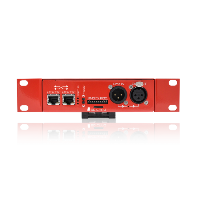 LEC 3 front panel with Ethernet ports, status LEDs, DIP switch, SD card slot and DMX XLR