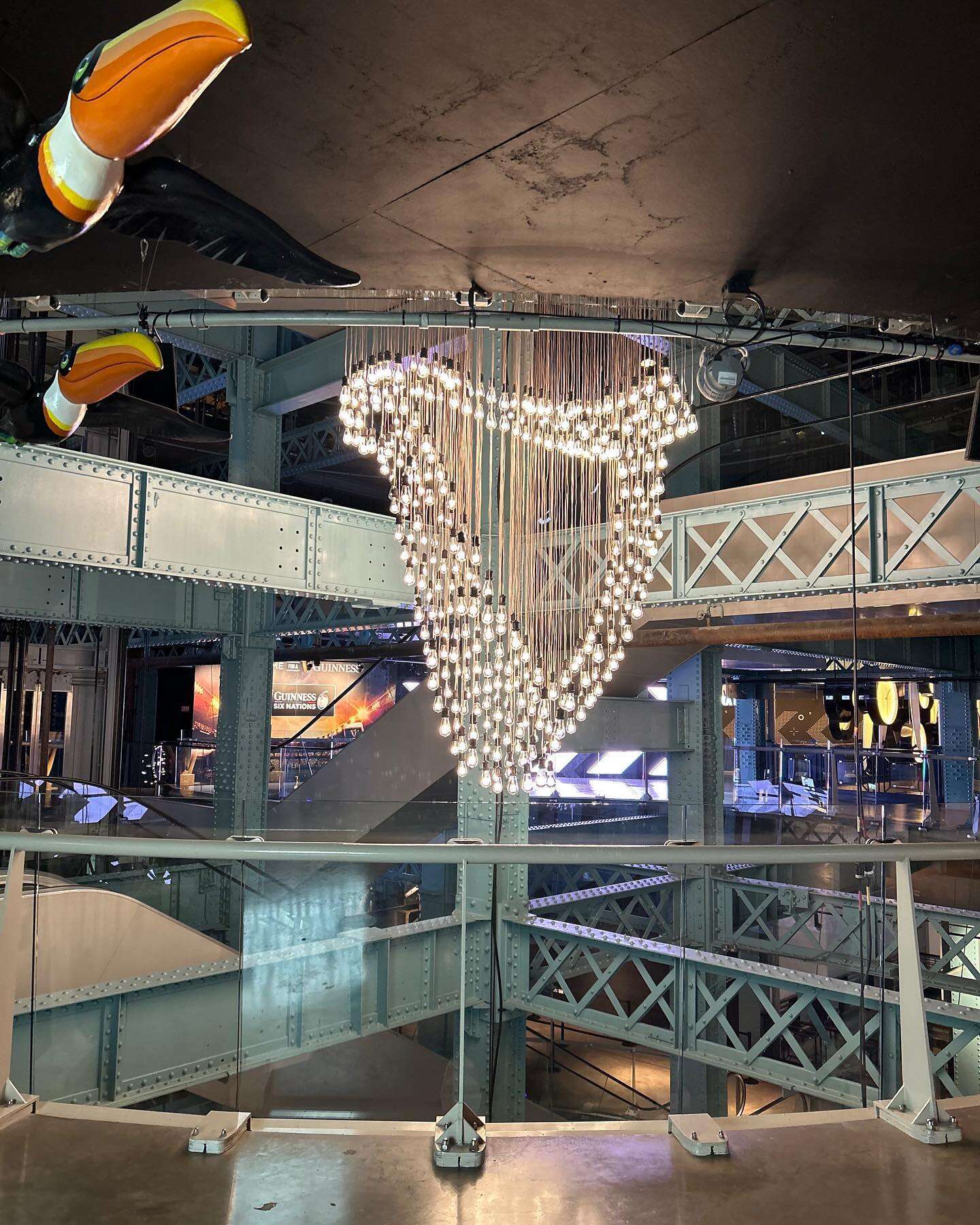 Chandelier of hanging filament bulbs in the atrium of a Guinness venue