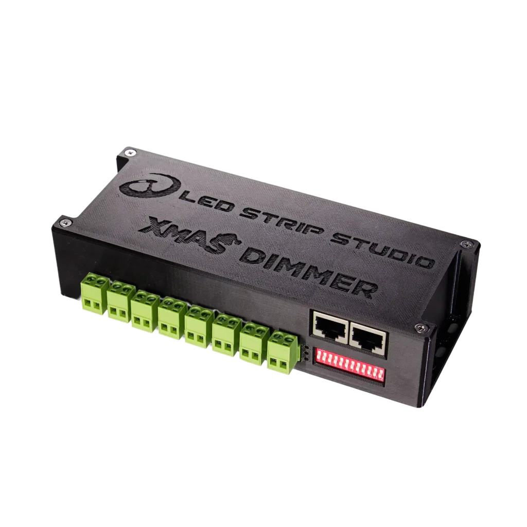 Xmas Dimmer DMX controller by LED Strip Studio with 8 output terminals, two RJ45 ports and DIP switch