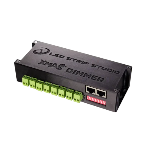 Xmas Dimmer DMX controller by LED Strip Studio with 8 output terminals, two RJ45 ports and DIP switch
