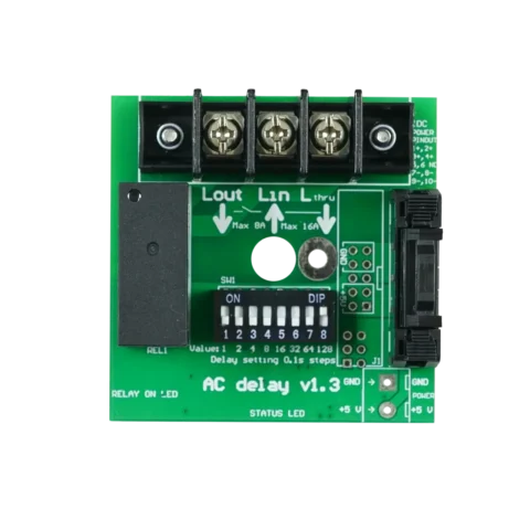 AC Delay v1.3 relay board with power terminals, delay DIP switch and status LEDs