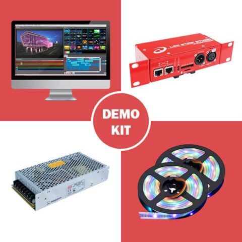 LED demo kit with LEC 3 controller, LED Strip Studio software, power supply and two pixel strip reels