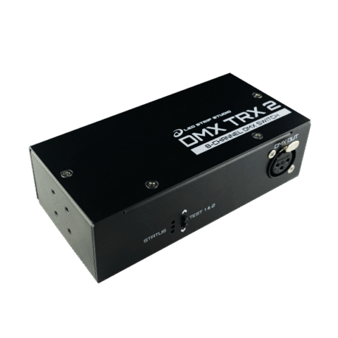 DMX TRX 2.0 trigger board with 16-pin IDC header, XLR DMX connector and status LEDs