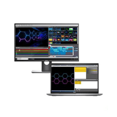 Online pixel LED training setup: LED Strip Studio software on a monitor and a laptop