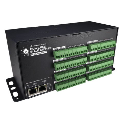 Powered Bulb Dimmer Dual Polarity front panel with 64 output terminal blocks in aluminium enclosure