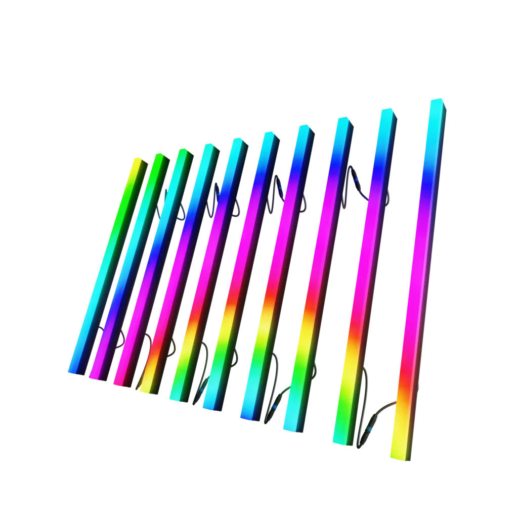 Ten profiLED pixel bars showing a rainbow colour effect