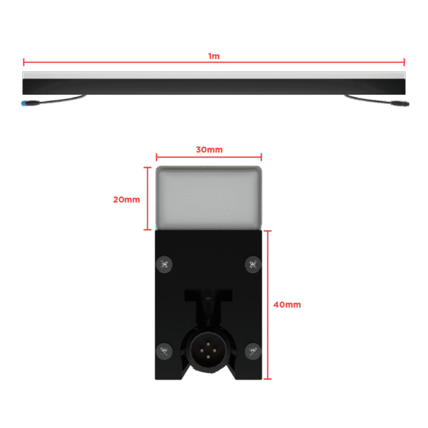 Close-up of the 4-pin M12 push-lock connector on the end of a profiLED bar