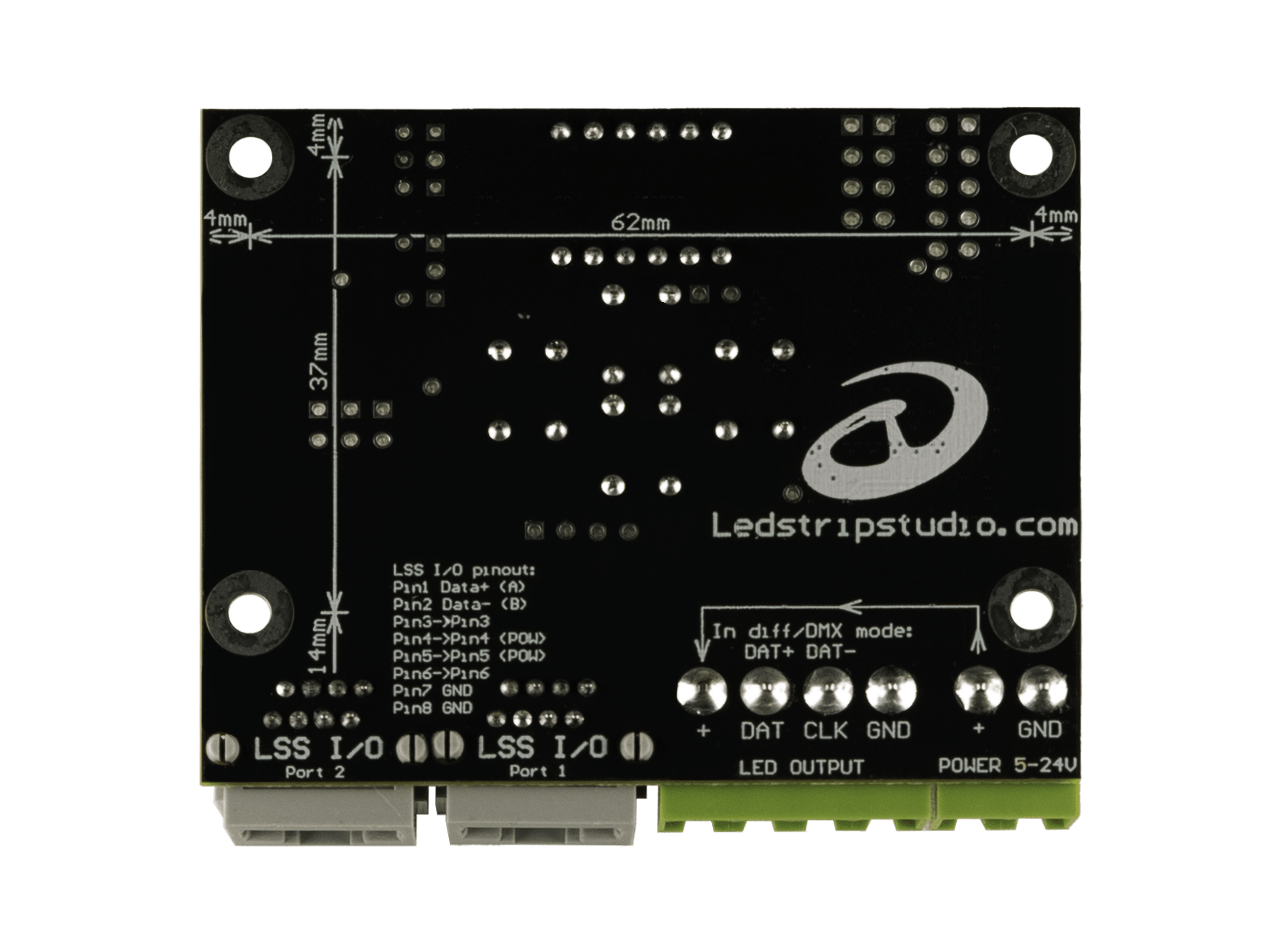 SPI LAMP 2 circuit board bottom view with 62 × 37 mm dimensions and pinout