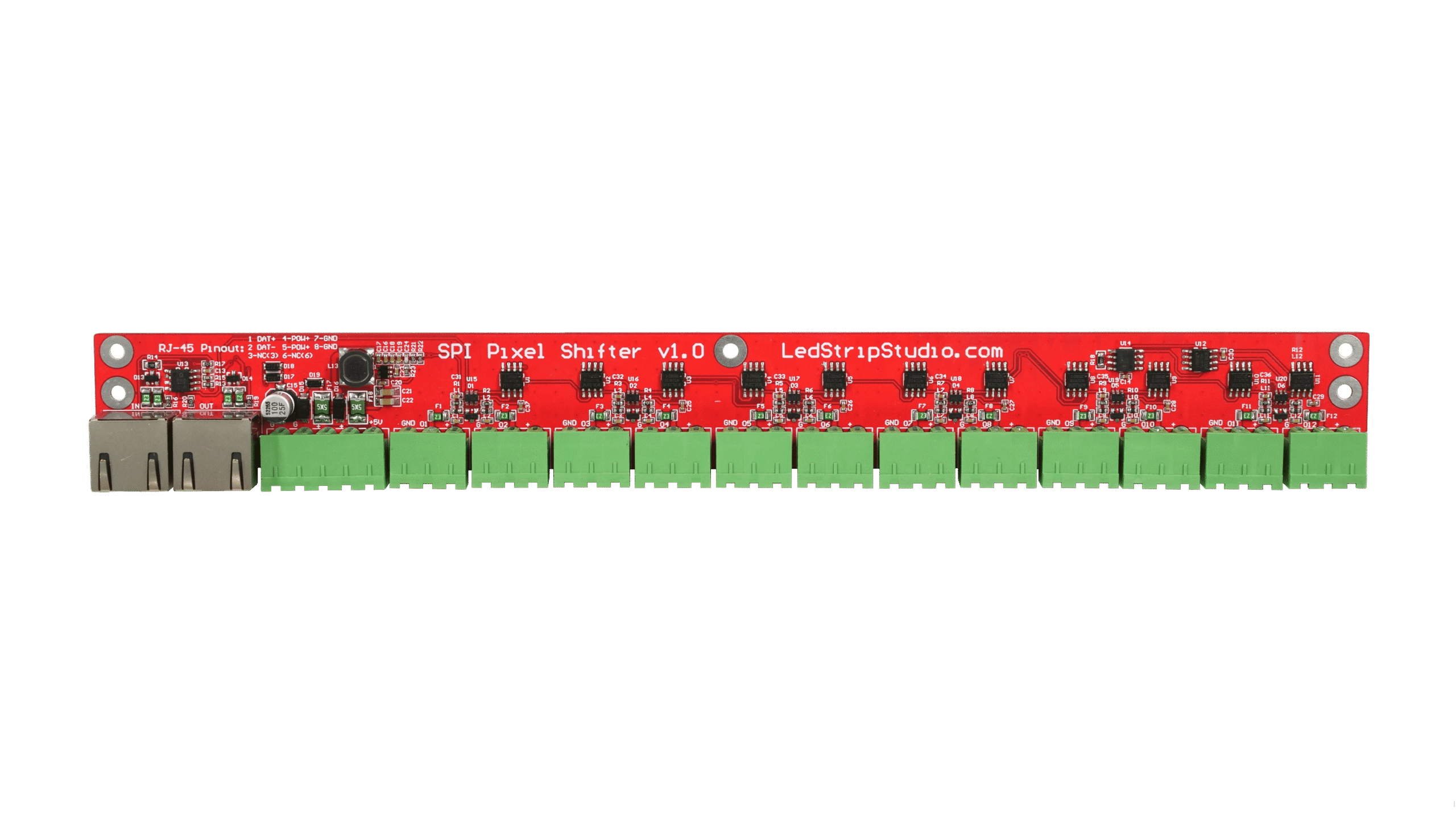 SPI Shifter board with RJ45 input and 12 terminal outputs for long LED runs