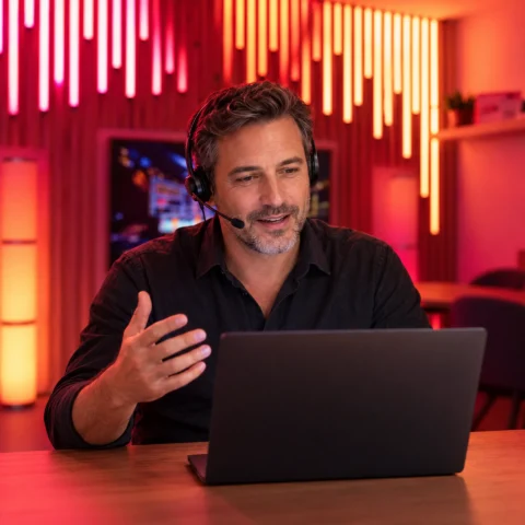 Advanced pixel LED consultation: senior engineer with a headset explaining a project on a video call at his laptop