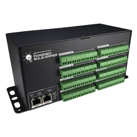 Powered Bulb Dimmer front panel with 64 output terminal blocks in a black aluminium enclosure