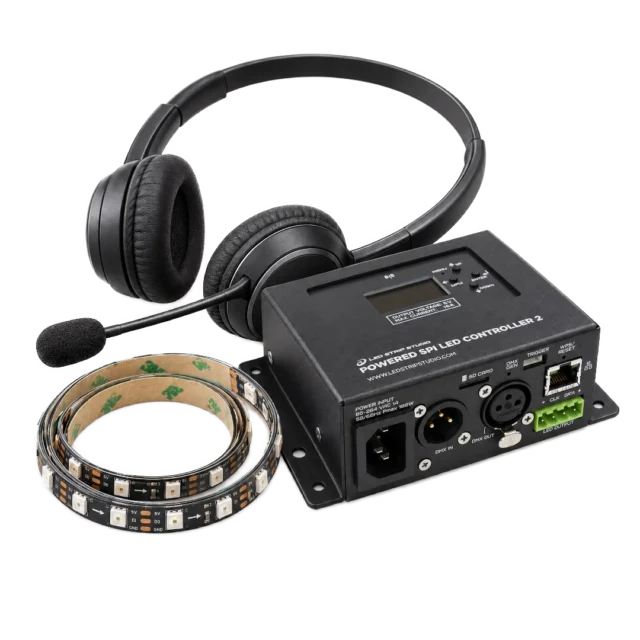 Pixel LED services: headset with microphone, compact LED controller and coiled LED strip