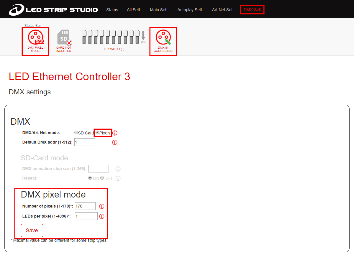 DMX Pixel Mode settings in the web configuration