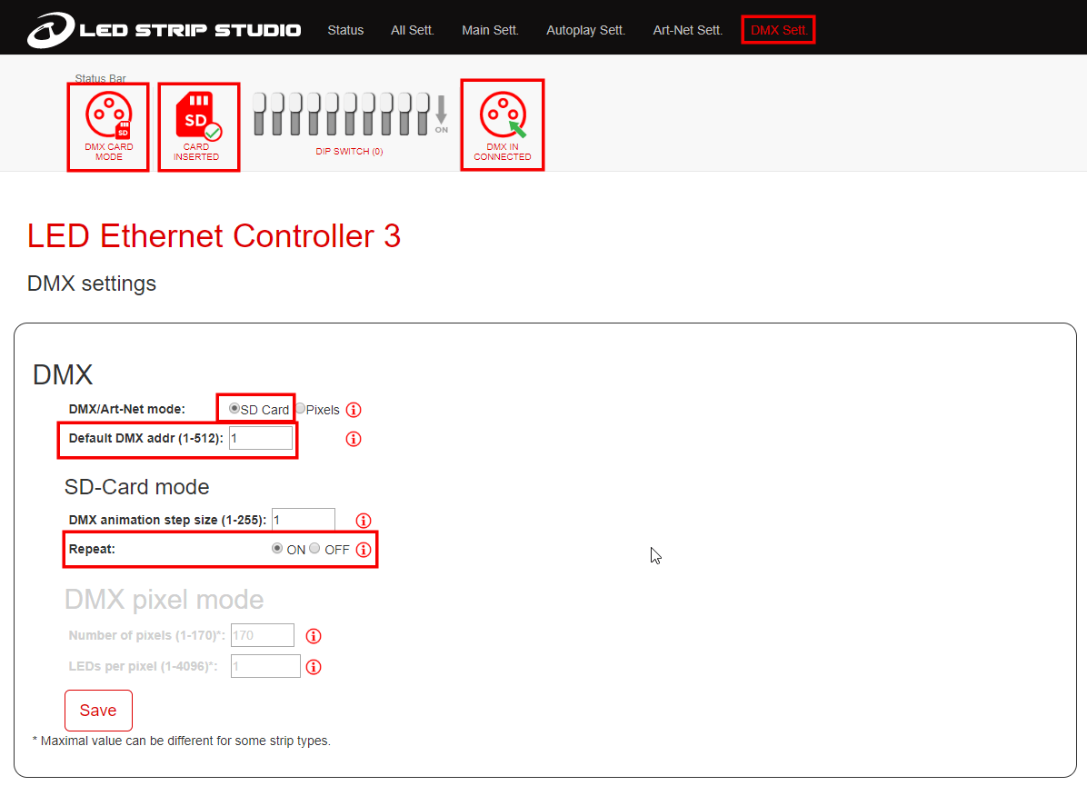 SD Card Mode settings in the DMX tab of the web configuration