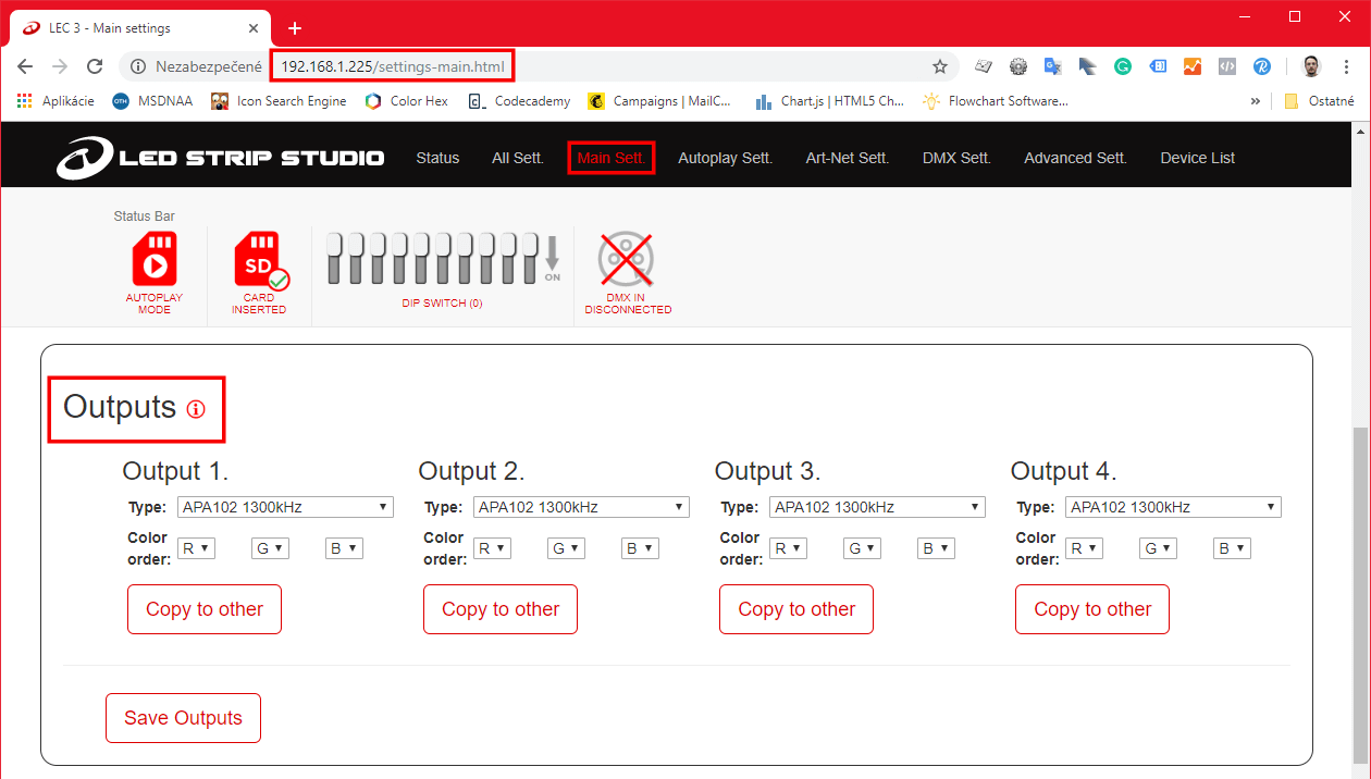 Output settings with the LED chip type in the LEC3 web configuration