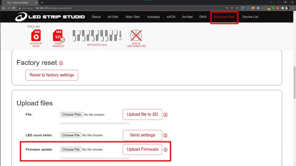 Firmware update page in the LEC3 and SPI Matrix web configuration