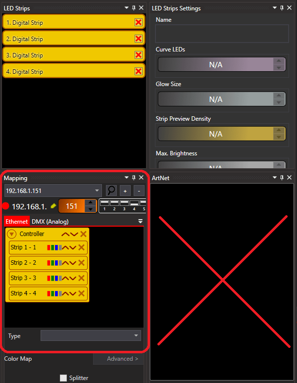 Use the mapping dedicated to LEC3 device – not Art-Net