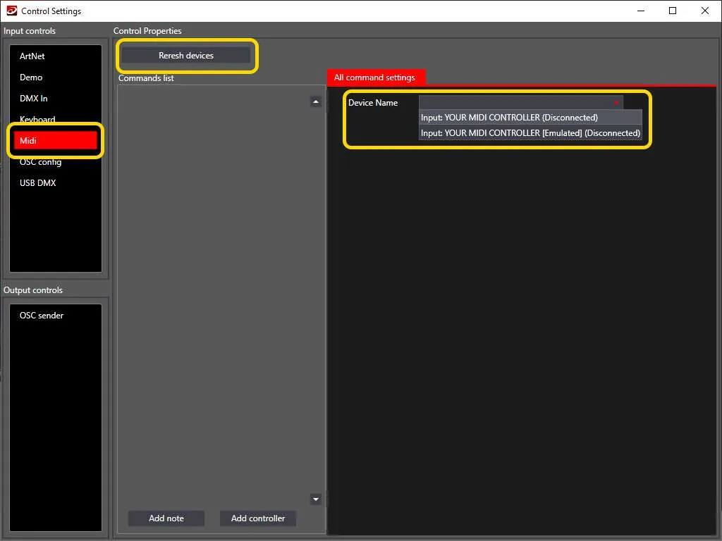 selected MIDI control with a list of devices connected and an option to refresh the list highlighted