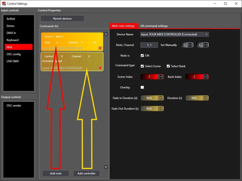 you can either select Add note or Add controller. Typically Note is for Pads and controller is for your Knobs
