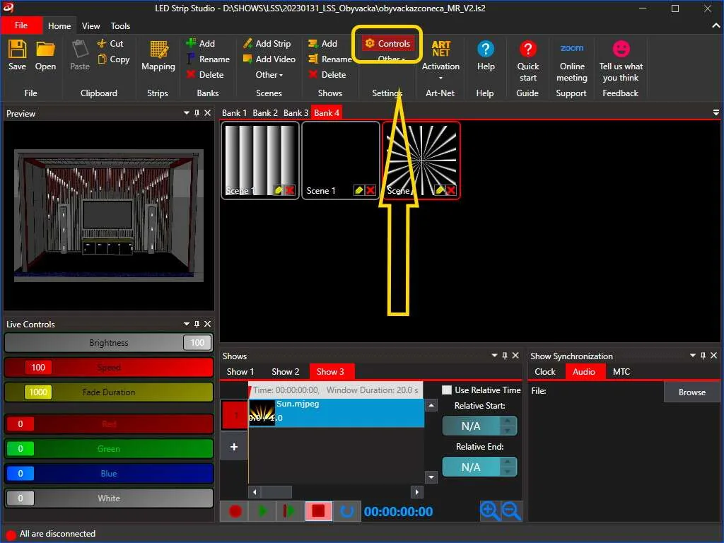 location of Controls option in Software with list of different options