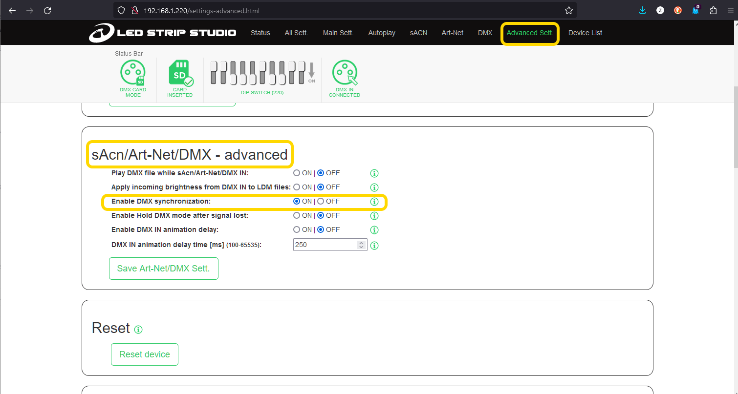 Web configuration with DMX Synchronization enabled on an LEC3 controller