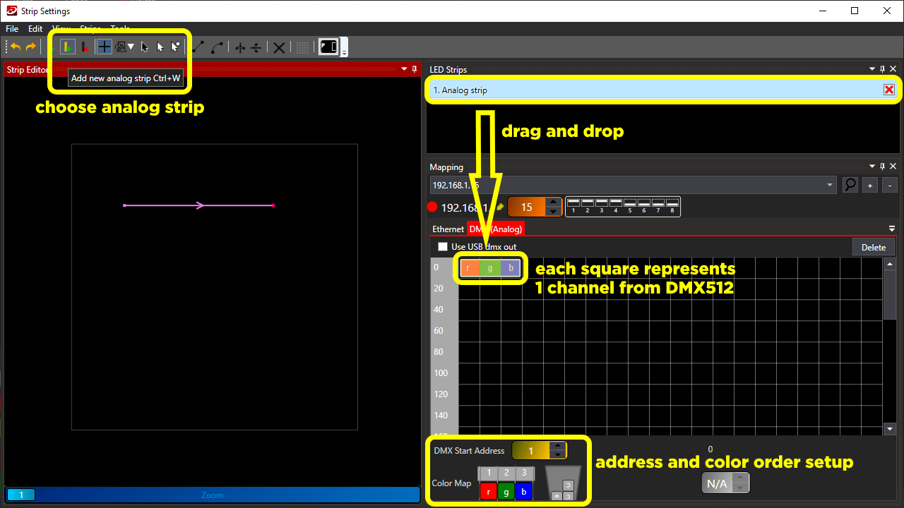 mapping window with position of analog strip type, DMX mapping grid and color order/DMX address setup highlighted