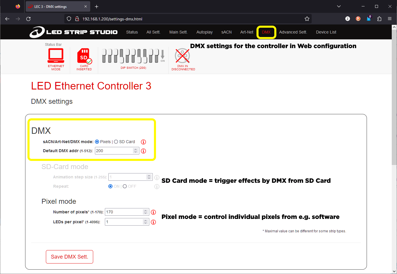 Pixel mode as one of two options to select from in the DMX related settings in Web configuration.