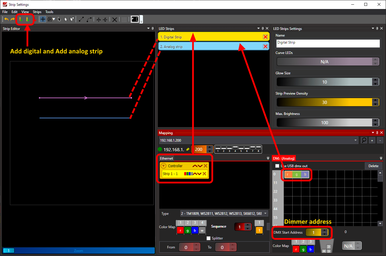 Mapping that combines digital pixel strips with an analog LED strip