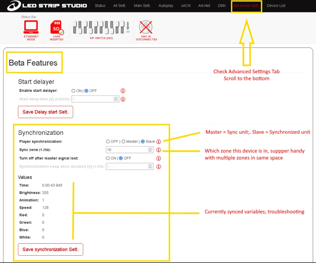 LEC3 web configuration with Player synchronization set to Master or Slave and the sync zone