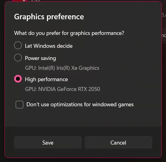 Graphic card selection in Windows